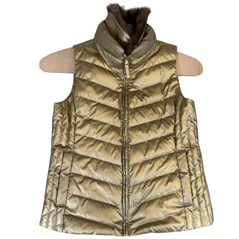 Talbots Metallic Gold Down Puffer Vest with Faux Fur Trim Collar Size L